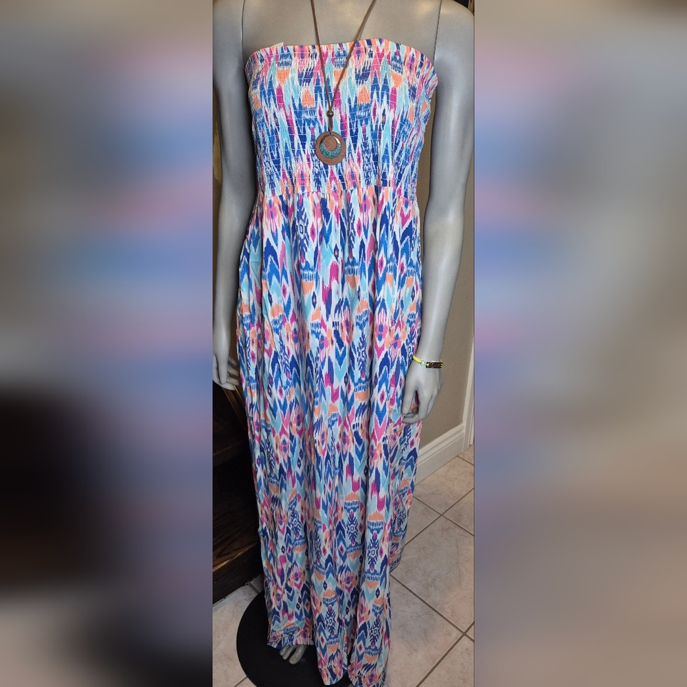 GAP Strapless Maxi Dress in Blue and Pink. - Picture 11 of 12
